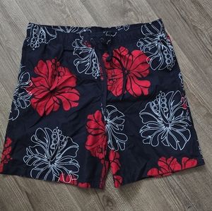 Merona men's Hawaiian floral print, red & black swim trunks size medium